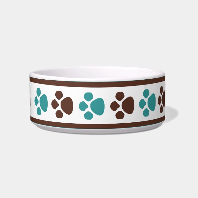 Brown & Teal Paw Prints Personalised Cat Bowl (Right)