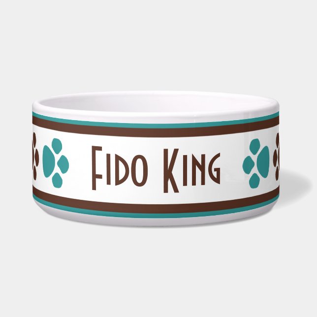 Brown & Teal Paw Prints Personalised Dog Bowl (Front)