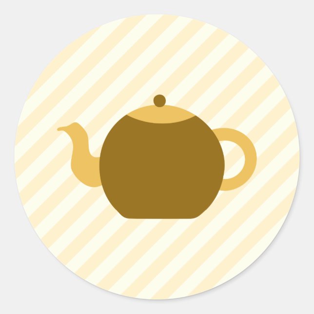 Brown Teapot Picture on Beige Stripes. Classic Round Sticker (Front)