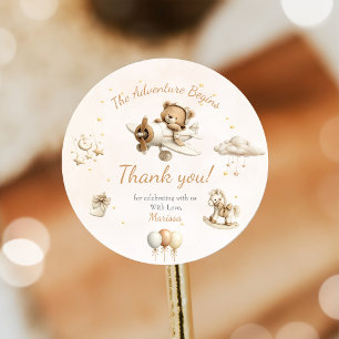 Brown Teddy Bear Aeroplane Baby Shower Classic Round Sticker