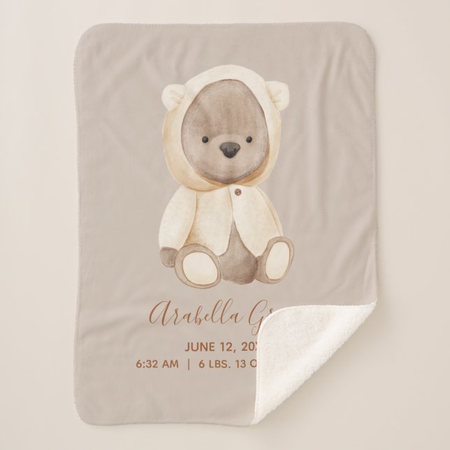 Brown Teddy Bear Baby Birth Stats Sherpa Blanket (Front)