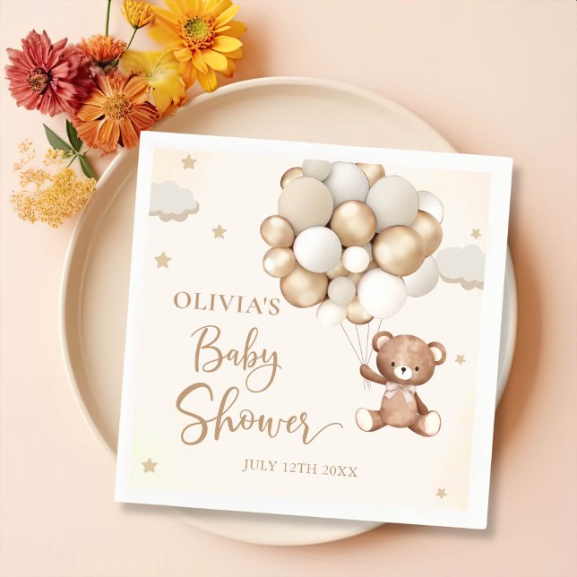 Brown Teddy Bear Balloon Baby Shower Napkins (Creator Uploaded)