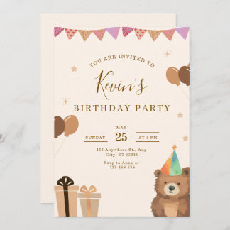 Brown Teddy Bear Birthday Invitation, Cute Neutral Invitation