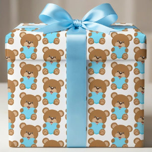 Brown Teddy Bear Blue Heart Gift Wrap