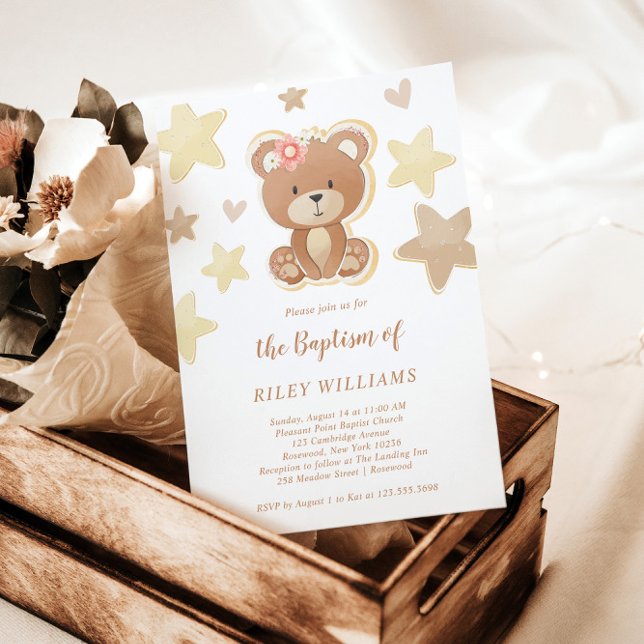 Brown Teddy Bear Girl Baptism  Invitation (Creator Uploaded)