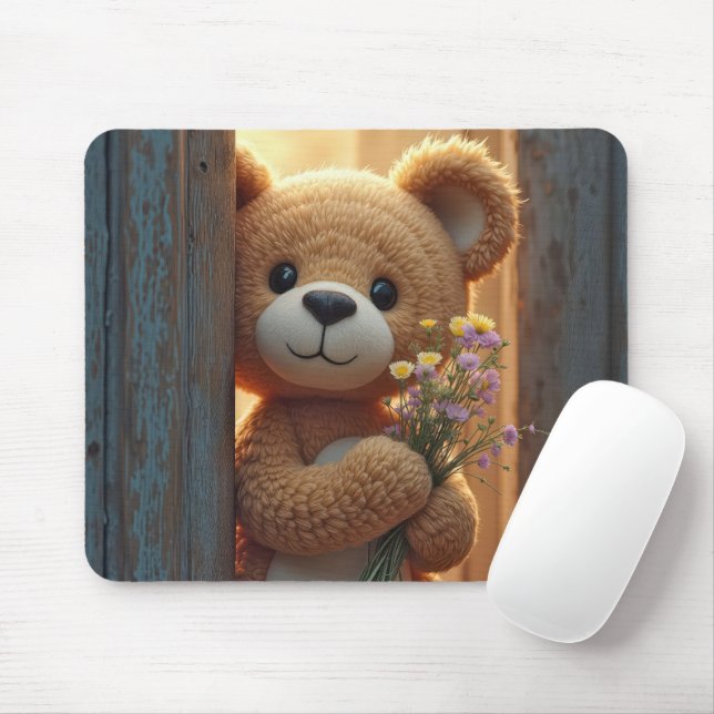 Brown Teddy Bear Holding a Wildflower Bouquet Mouse Mat (With Mouse)