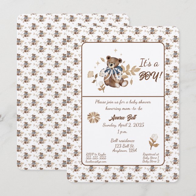 Brown Teddy Bear It's A Boy! Shower Invitation (Front/Back)