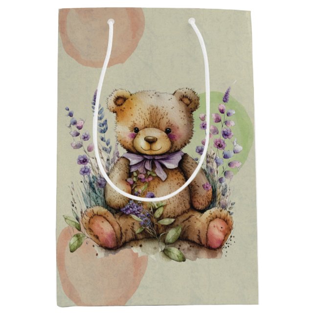 Brown Teddy Bear Lavender Flowers And Polkadots  Medium Gift Bag (Front)
