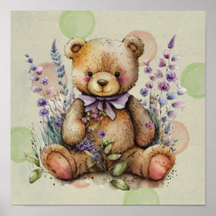 Brown Teddy Bear Lavender Flowers And Polkadots  Poster