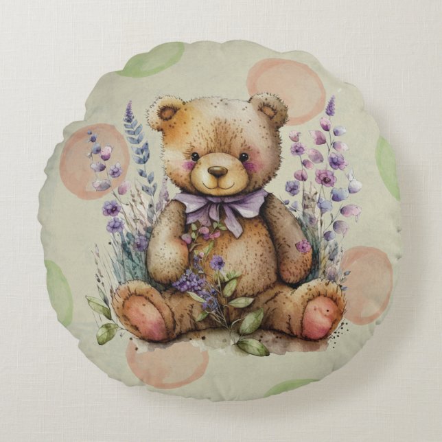 Brown Teddy Bear Lavender Flowers And Polkadots Round Cushion (Front)
