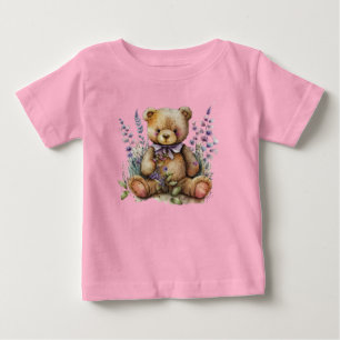 Brown Teddy Bear Lavender Flowers Baby T-Shirt