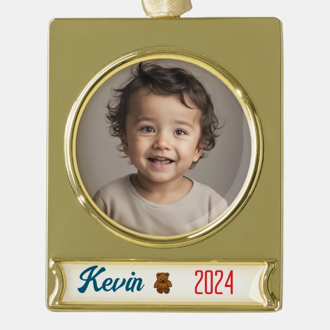 brown teddy bear - personalised gold plated banner ornament (Front)