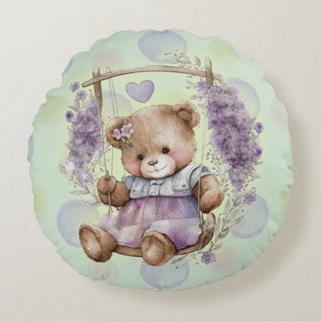 Brown Teddy Bear Swinging Lavender Dress And Polka Round Cushion (Front)