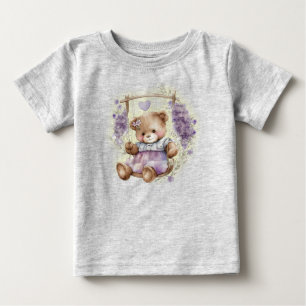 Brown Teddy Bear Swinging Lavender Dress Baby T-Shirt
