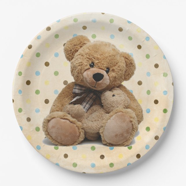 Brown Teddy Bears On Polka Dots Paper Plate (Front)