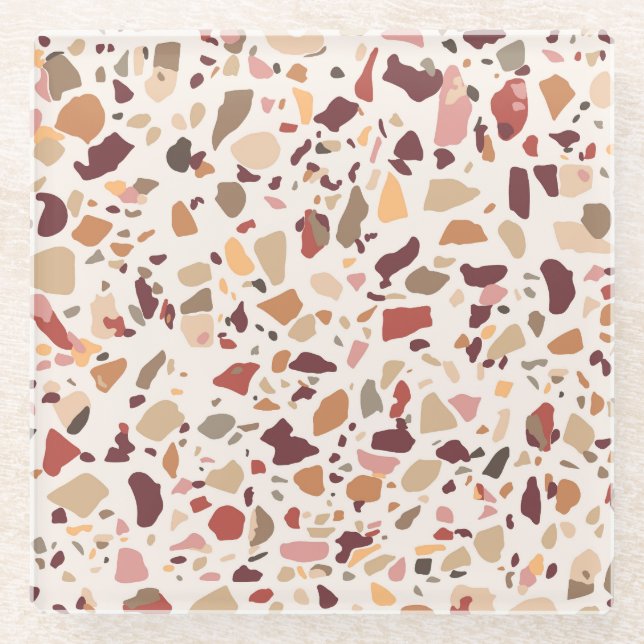 Brown terrazzo: vintage, trendy pattern. glass coaster (Front)