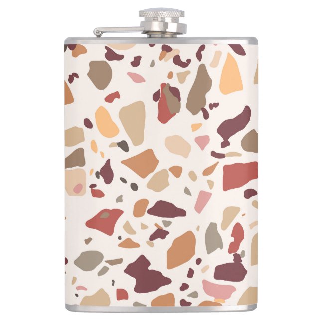Brown terrazzo: vintage, trendy pattern. hip flask (Front)