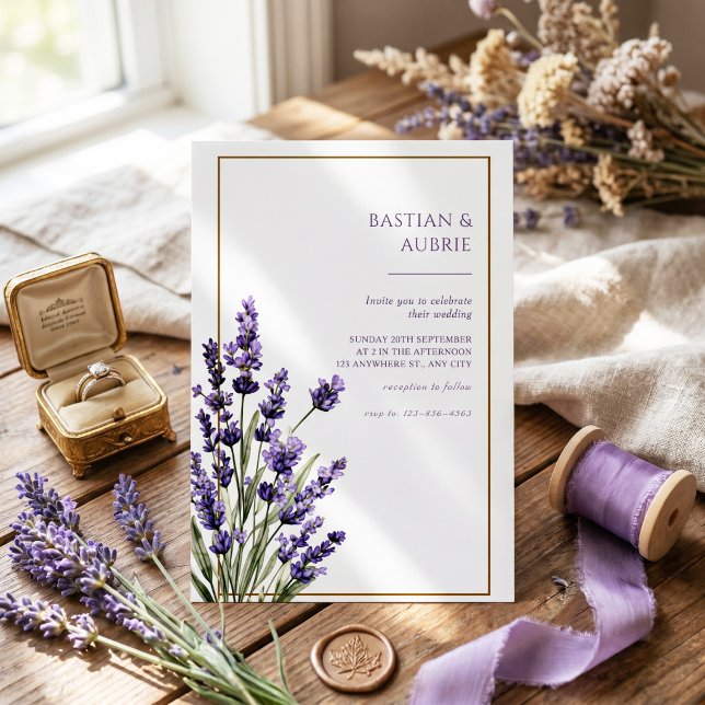 Brown Thin Frame Purple Lavender Sprig Wedding Invitation (Creator Uploaded)