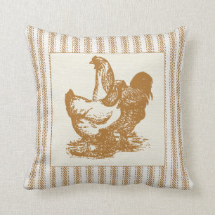 Brown Ticking with Rooster and Chicken Cushion