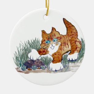Brown Tiger Kitten and turtle Ceramic Tree Decoration
