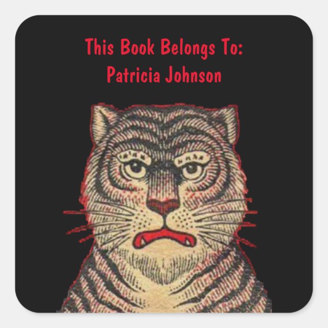 Brown Tiger Stripes Fierce Face Black Bookplate Square Sticker (Front)