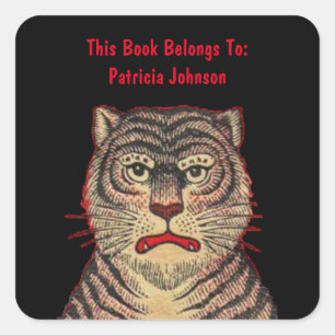 Brown Tiger Stripes Fierce Face Black Bookplate Square Sticker