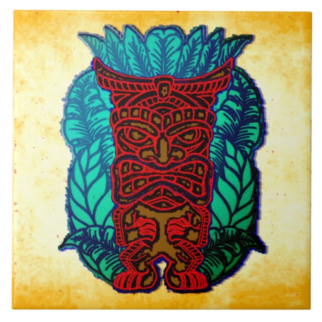 Brown Tiki on Orange Grungy Background Tile (Front)