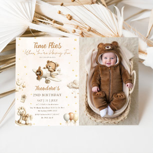 Brown Time Flies Aeroplane Teddy Bear Photo Invitation