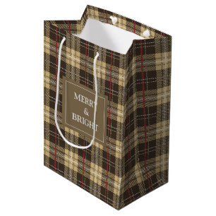 Brown tones tartan plaid custom text medium gift bag