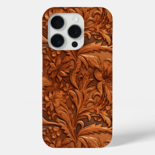 Brown tooled 3-D leather floral pattern iPhone 15 Pro Case