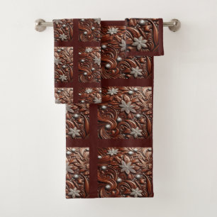 Brown Tooled Faux Leather and Diamond Bath Towel Set