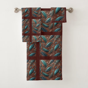 Brown Tooled Faux Leather and Teal Feathers Bath Towel Set