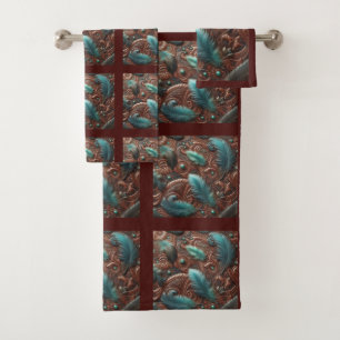 Brown Tooled Faux Leather and Teal Feathers Bath Towel Set