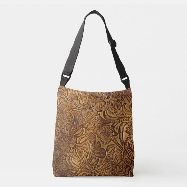 Brown Tooled Faux Leather  Crossbody Bag (Front)