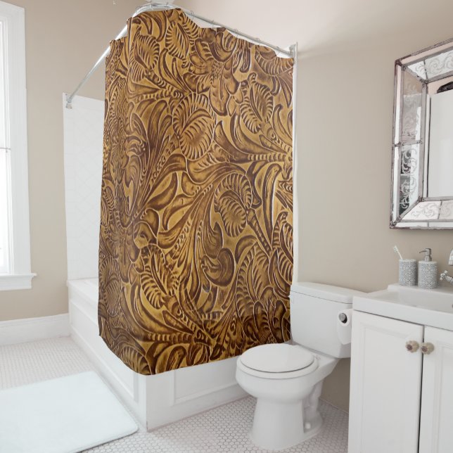 Brown Tooled Faux Leather  Shower Curtain (In Situ)