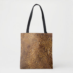 Brown Tooled Faux Leather  Tote Bag
