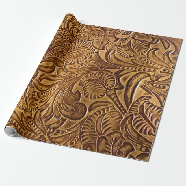 Brown Tooled Faux Leather Wrapping Paper (Unrolled)