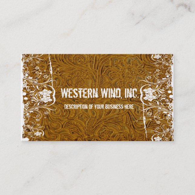 Brown Tooled Leather and Lace Business Card (Front)