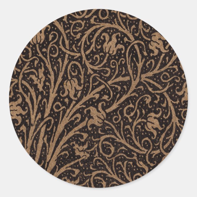 Brown Tooled Leather Art Nouveau Floral Classic Round Sticker (Front)