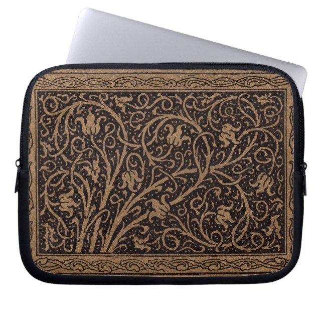 Brown Tooled Leather Art Nouveau Floral Laptop Sleeve (Front)