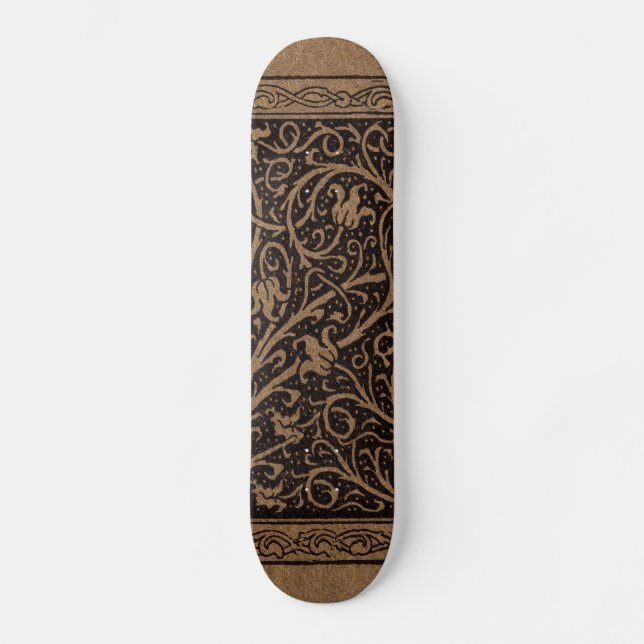 Brown Tooled Leather Art Nouveau Floral Skateboard (Front)
