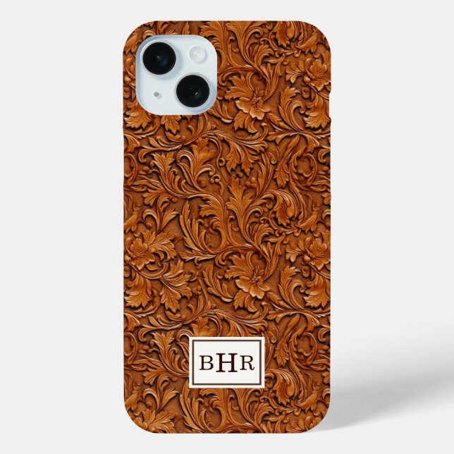 Brown Tooled Leather Monogrammed Case-Mate iPhone Case (Back)