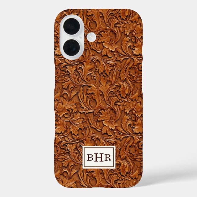 Brown Tooled Leather Monogrammed Case-Mate iPhone Case (Back)