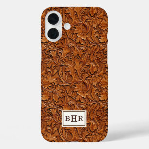 Brown Tooled Leather Monogrammed iPhone 16 Plus Case