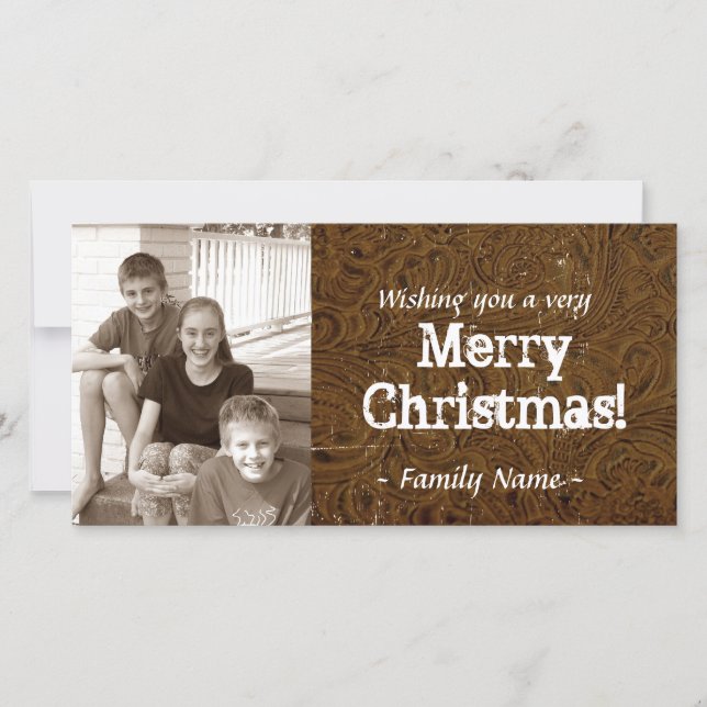 Brown Tooled Leather Photo Christmas Card (Front)