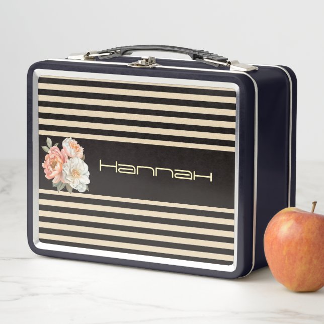 Brown Top with Beige Stripes Floral  Metal Lunch Box (In Situ)