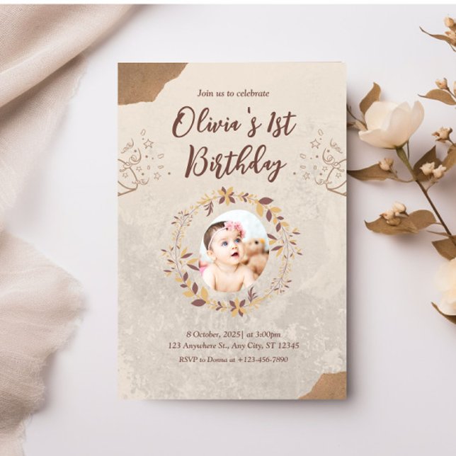 Brown Torn Paper 1st Birthday Invitation (Creator Uploaded)