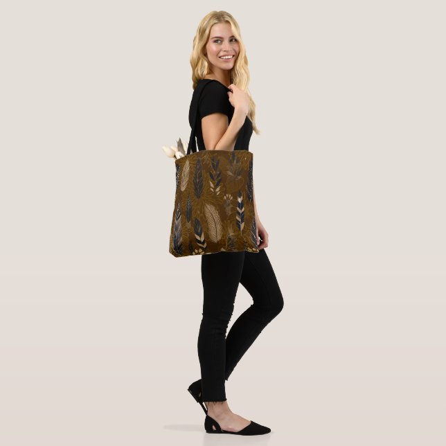 Brown Tote Bag with Feather Print (On Model)