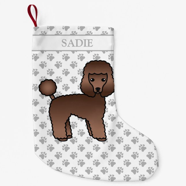 Brown Toy Poodle Cute Cartoon Dog & Name Small Christmas Stocking (Front)