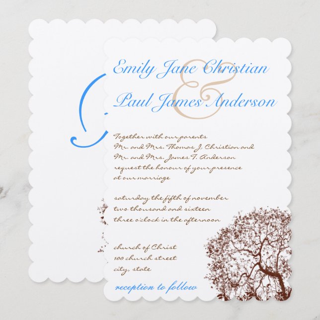 Brown Tree Aqua Blue Font Wedding Invitation (Front/Back)